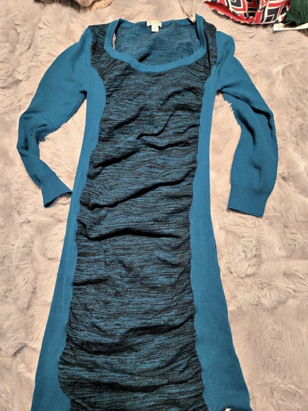 Guess Teal Black Colorblock Ruched Knit Bodycon Sweater Dress S